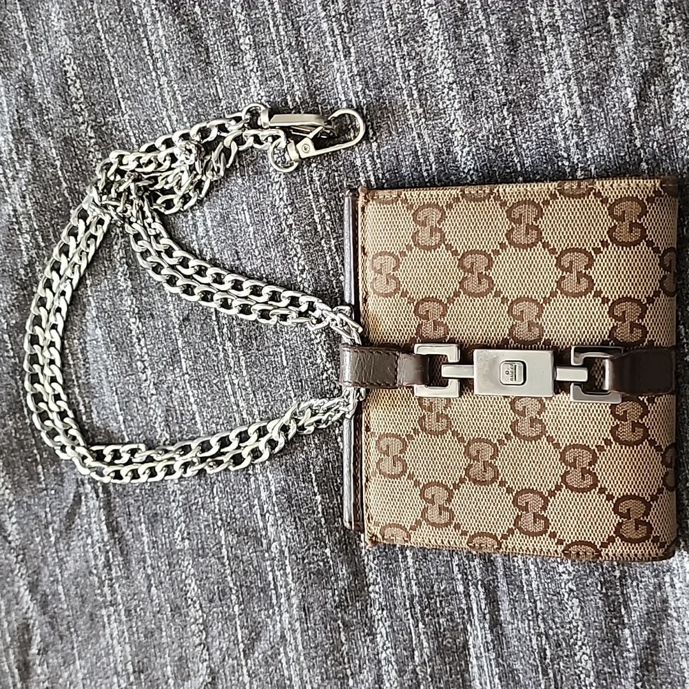 GUCCI Jackie GG Logo Canvas Leather Bifold Wallet short wallet with piston lock